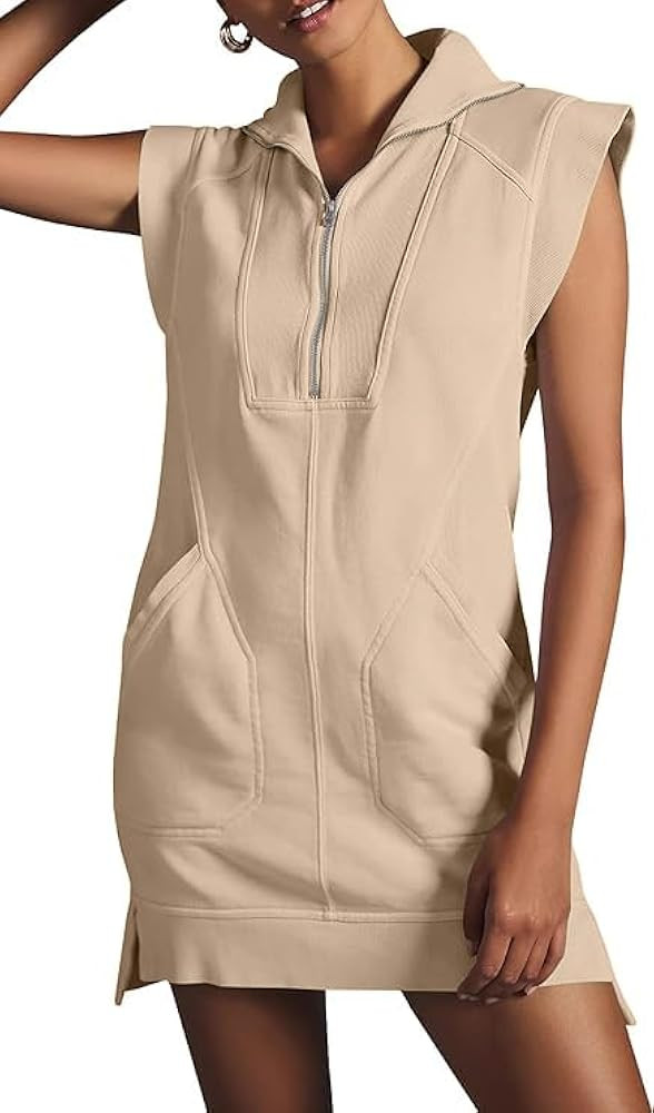Women Sleeveless Zip Up Collared Mini Dress Casual Solid Pullover Sweatshirt Tunic Top with Pocke... | Amazon (US)