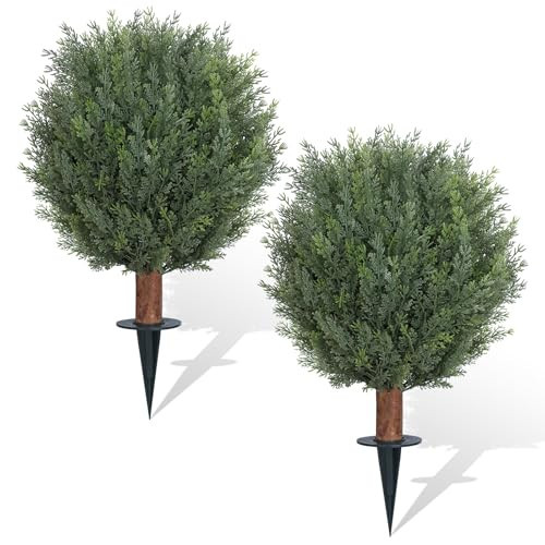 JOZHENJU Artificial Cedar Topiary Ball Trees with Ground Spike Set of 2, 24.6inch UV-Resistant Faux Shrubs for Indoor/Outdoor Decor – Fake Cypress Perfect for Garden, Porch, and Patio | Amazon (US)