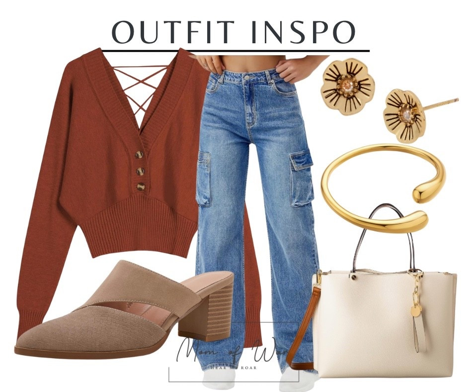 🍂 OUTFIT INSPO: Fall Edition 🍂
This rust sweater + wide leg cargo combo is giving “I’ve got places to be and coffee to sip” energy.
✨ Cozy + cute
✨ Elevated basics
✨ Golden details to pull it all together