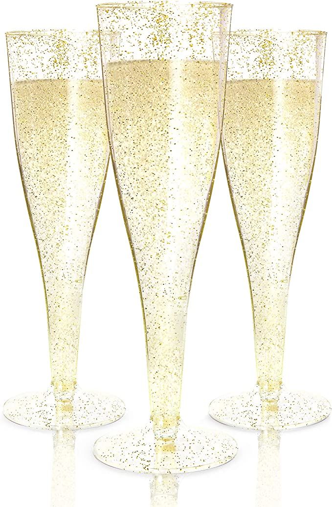 24 Plastic Champagne Flutes Disposable | Gold Glitter Plastic Champagne Glasses for Parties | Gli... | Amazon (US)