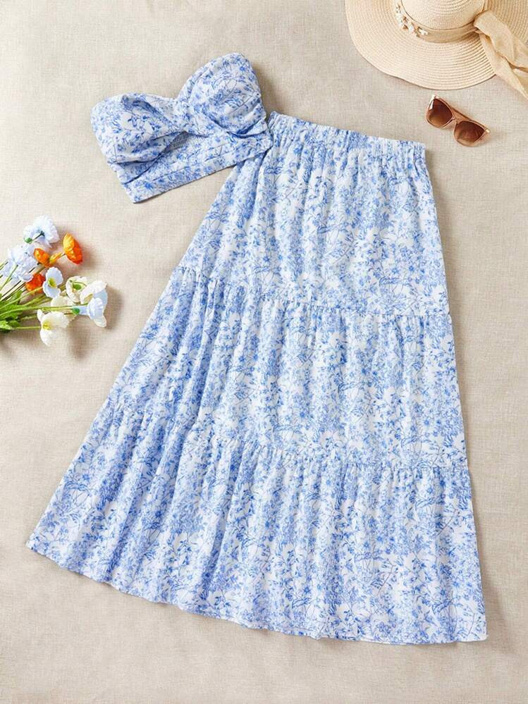 Soleia Floral Printed Bandeau Top And Skirt Vacation 2pcs Suit | SHEIN