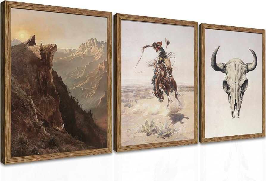Western Cowboy Wall Art Set of 3, Vintage Southwestern Cowboy Wall Decor Paintings, Western Longh... | Amazon (US)