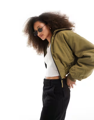 ASOS DESIGN rip stop cropped bomber jacket with collar detail in khaki | ASOS (Global)