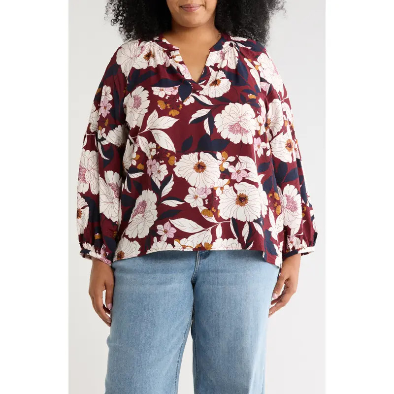 Caslon® Floral Long Sleeve Popover Top in Ivory- Green Sketched Floral at Nordstrom Rack, Size 1X | Nordstrom Rack