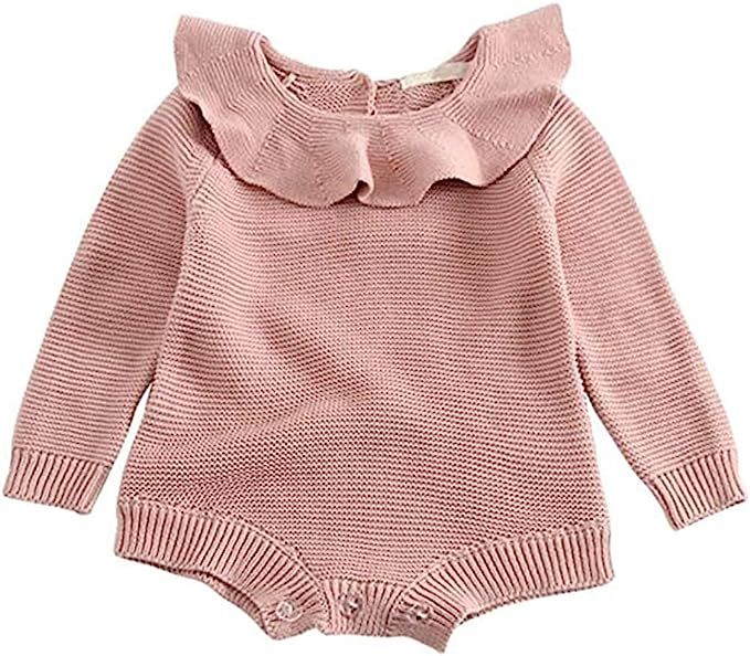 GObabyGO Baby Girls Romper Knitted Ruffle Doll Collar Long Sleeve Jumpsuit Infant Bodysuit Sweate... | Amazon (US)