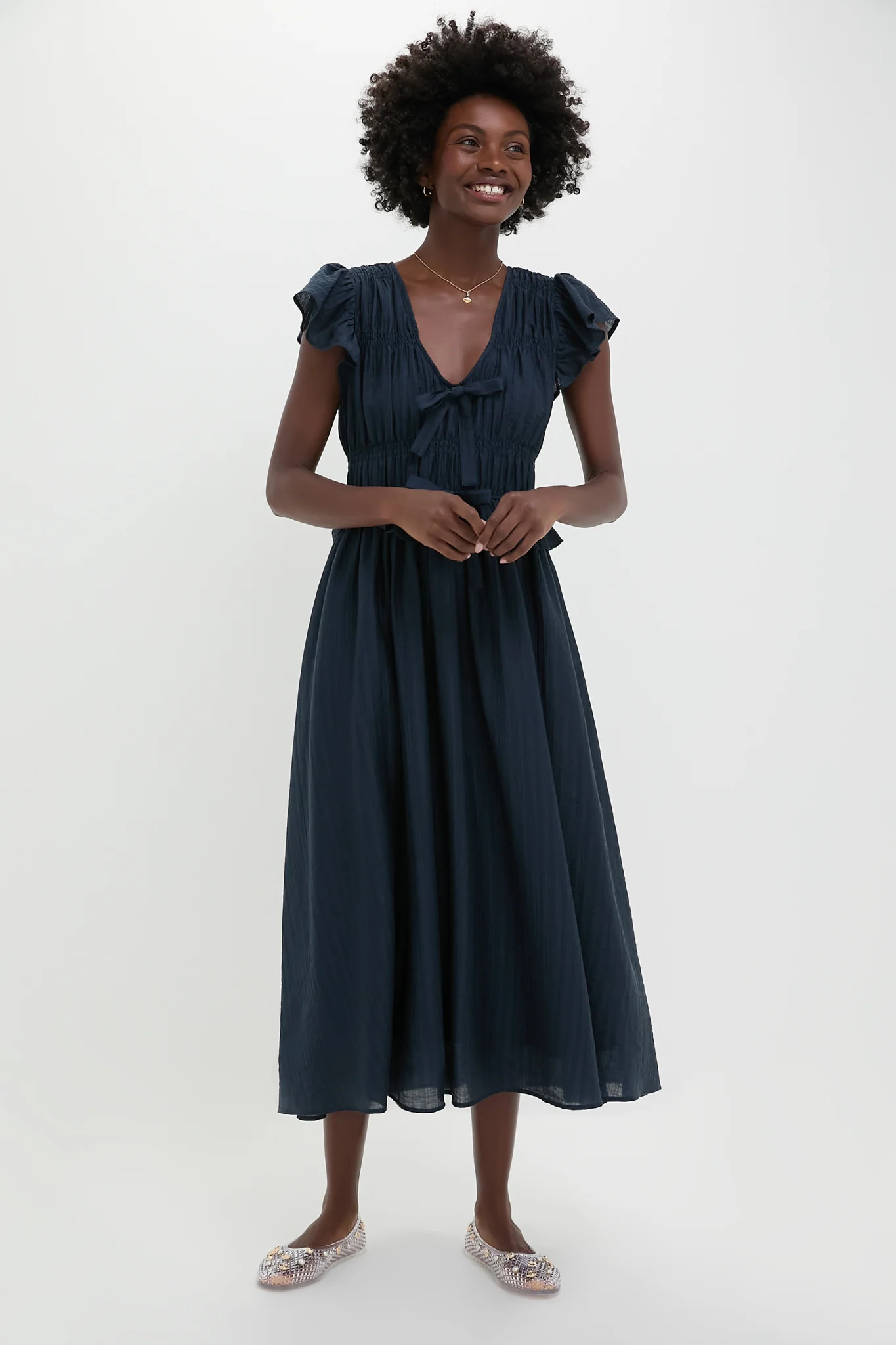 Navy Flutter Sleeve Tie Front Midi Dress | Tuckernuck (US)