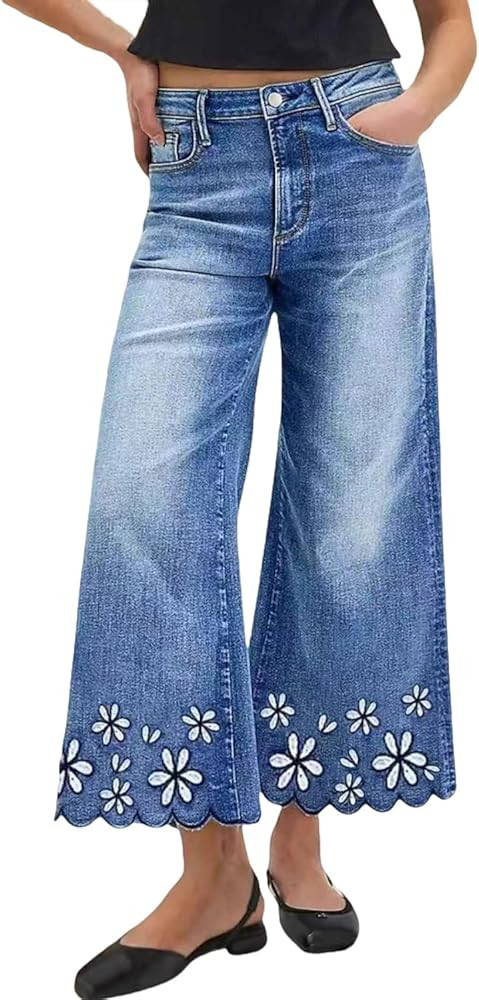 yoeasy Womens Wide Leg Jeans Mid Rise Floral Embroidery Hem Baggy Jeans Casual Cropped Denim Pant... | Amazon (US)