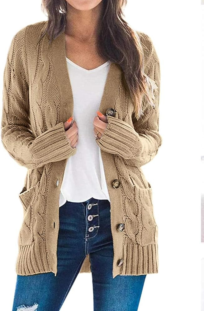 ZESICA Women's Casual Long Sleeve Button Down Open Front Cable Knit Cardigan Sweater Coat with Po... | Amazon (US)