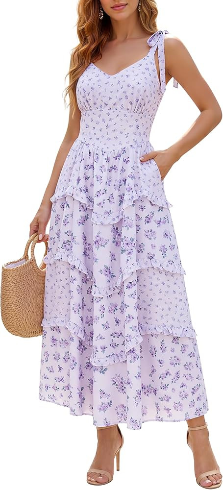 Floral Maxi Dresses for Women Sleeveless Tie Shoulder Tiered Ruffled Smocked Boho Flowy Sundresse... | Amazon (US)