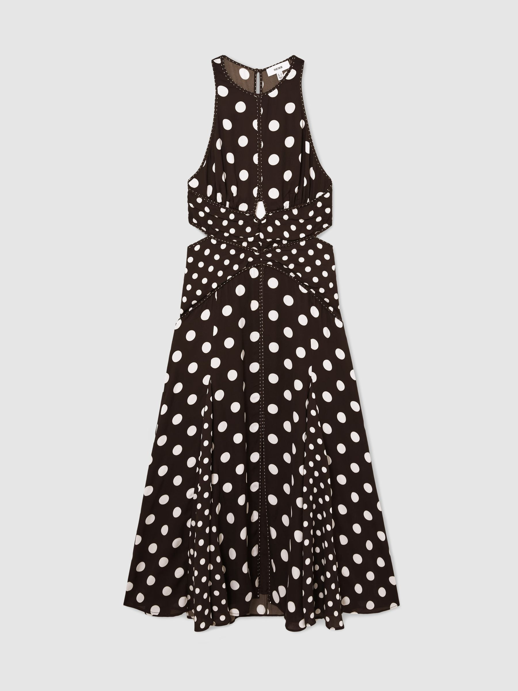 Reiss Polka-Dot Cut-Out Midi Dress in Chocolate Brown/Ivory - REISS | Reiss UK