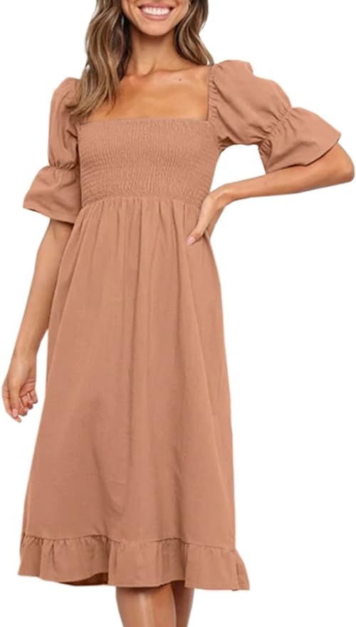 Amazon.com: Angashion Women Square Neck Dress Solid Short Puff Sleeve Smocked Waist Knee Length R... | Amazon (US)