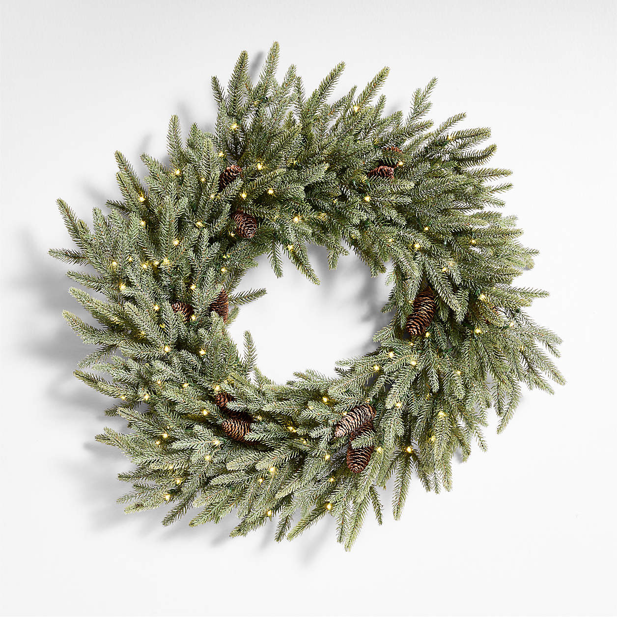 Faux Frosted Pre-Lit LED Norway Spruce Wreath 30" + Reviews | Crate & Barrel | Crate & Barrel