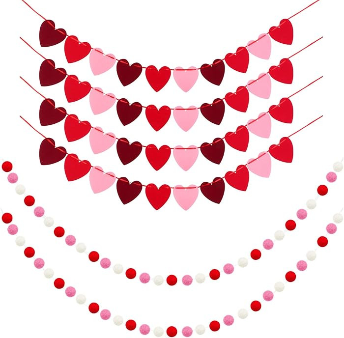 Fovths 6 Pack Valentine's Day Decor Set - 60 Balls Felt Garland & 40 Heart Garland Banners in Red... | Amazon (US)
