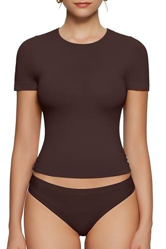 OEAK Womens T-Shirts Short Sleeve Shirts Crew Neck Basic Tees Soft Smoothing Seamless Tshirts Slim Fit Going Out Trendy Tops Cocoa XS Brown | Amazon (US)