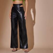 Cut Out Waist PU Leather Wide Leg Trousers | SHEIN