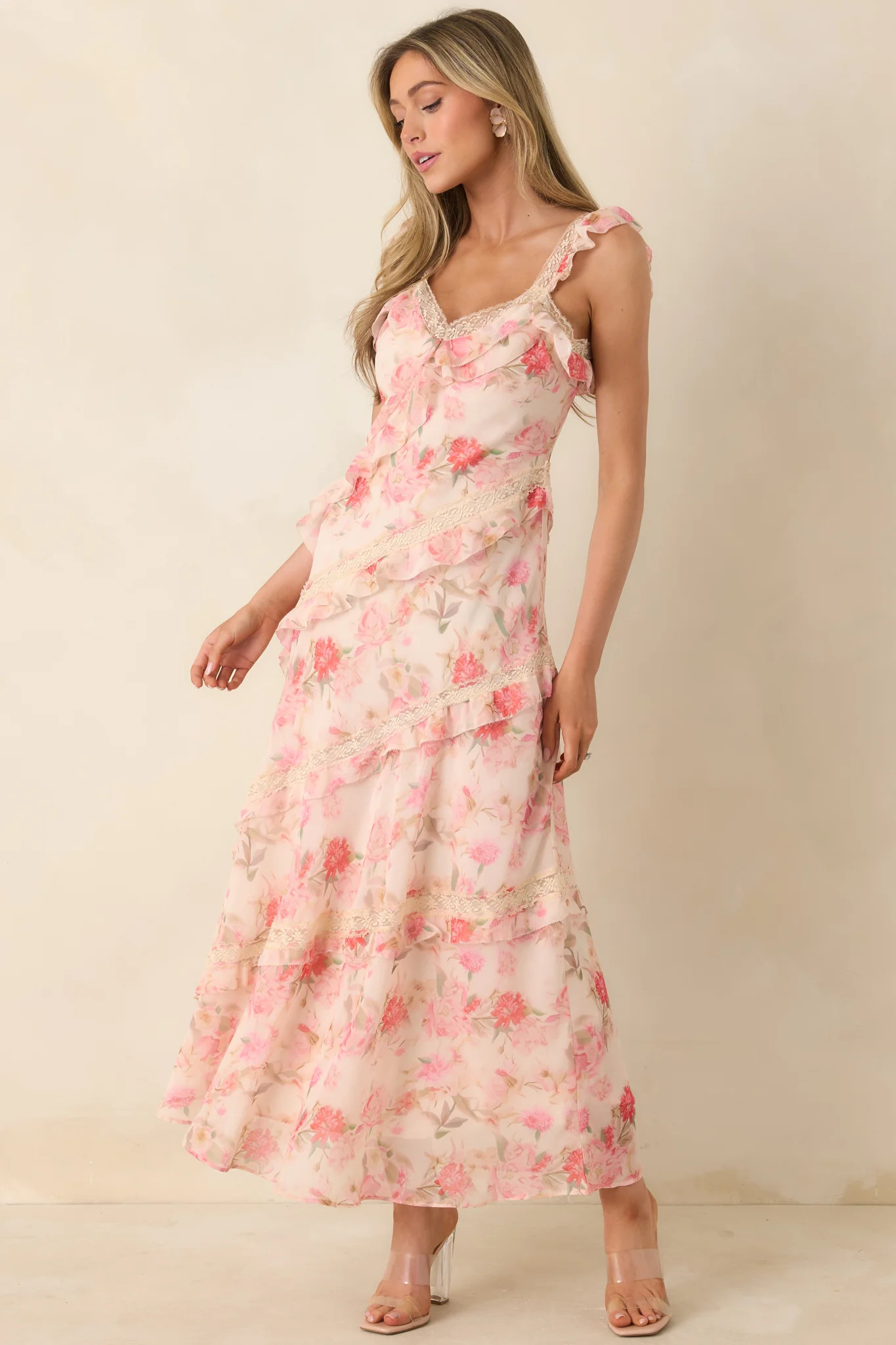 Yours Always Coral Pink Floral Lace & Ruffle Trim Midi Dress | Red Dress