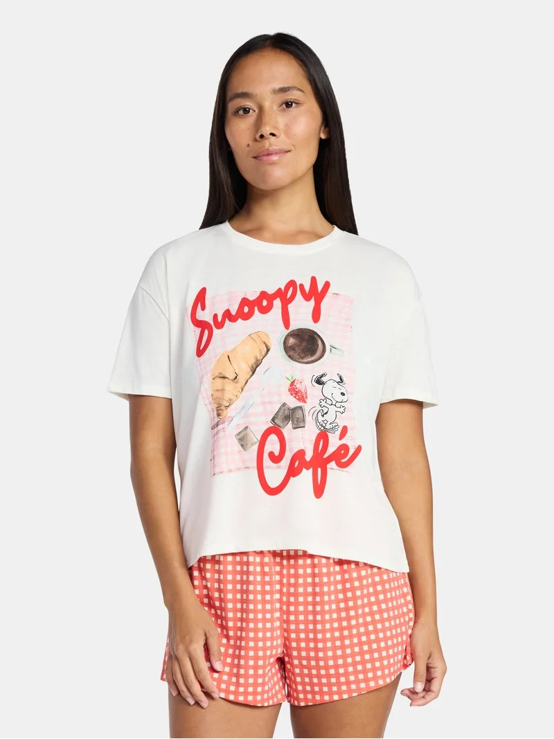 Snoopy Women's and Women's Plus Peanuts Sleep Tee and Shorts Pajama Set from Grayson Social, 2-Pi... | Walmart (US)