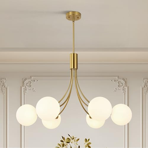 Xeruyiwa 6-Light Modern Gold Sputnik Chandelier Mid Century Brushed Brass Light Fixture with Milk Glass Globes for High Ceiling Dining Room Kitchen Island Living Room | Amazon (US)