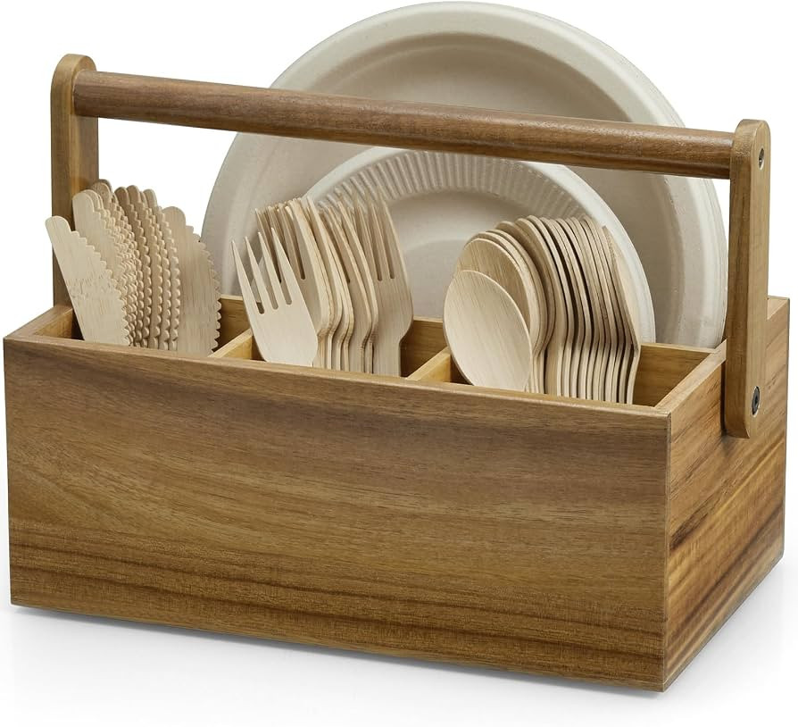 Acacia Paper Plate Dispenser, Paper Plate Holders with Handle, Picnic Silverware Caddy for Party,... | Amazon (US)