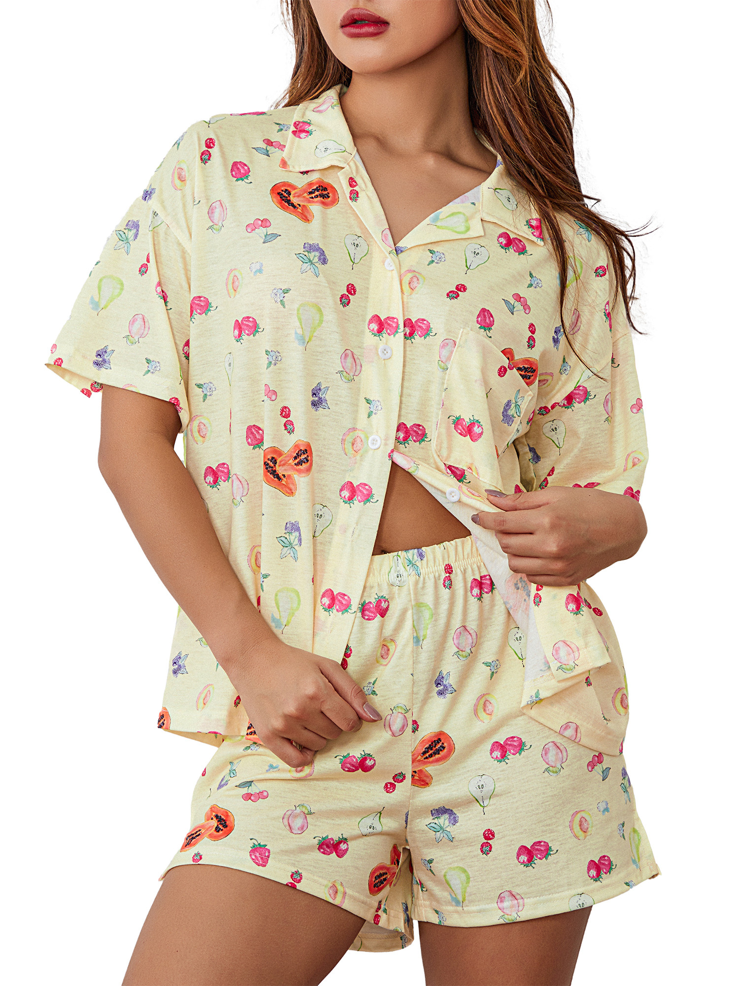 Women’s 2 Piece Pajamas Set Short Sleeve Fruit/Floral Print Button Down Shirt + Shorts Set Loun... | Walmart (US)