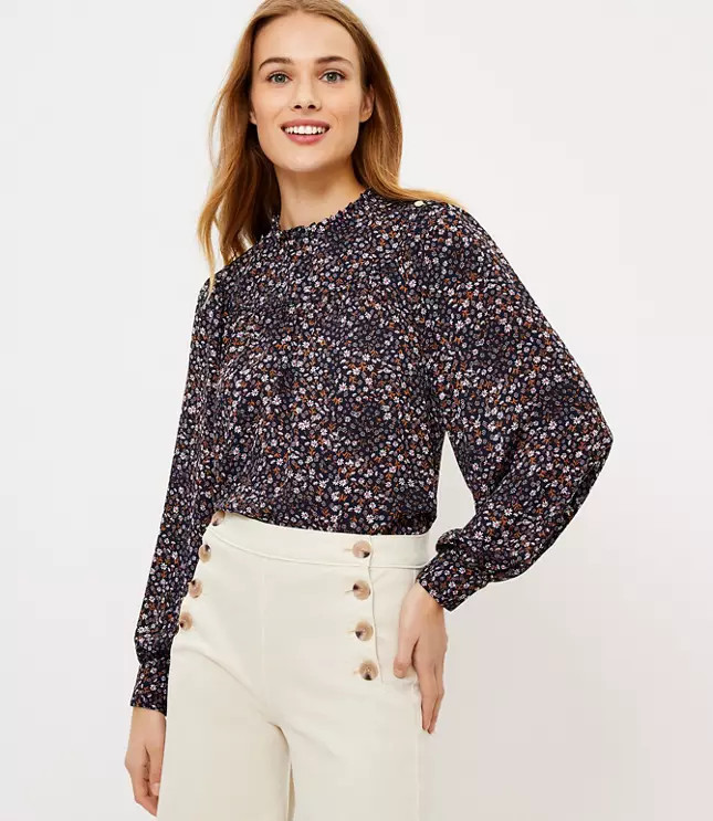 Floral Ruffle Neck Bib Blouse | LOFT