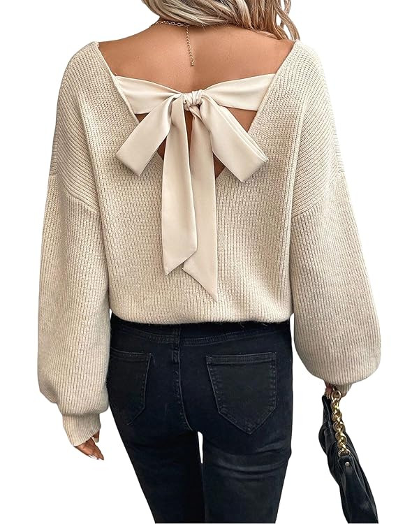 V Neck Sweaters Woman,Off The Shoulder Sweater Top,Fitted Long Sleeve Shirt Women,Tie Back Sweate... | Amazon (US)