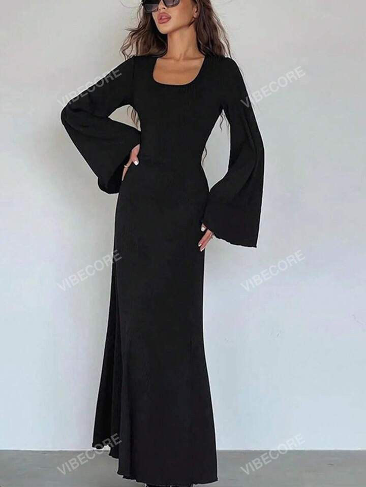 Women Square Neck Elegant Flared Long Sleeve Slim Fit Midi Dress | SHEIN