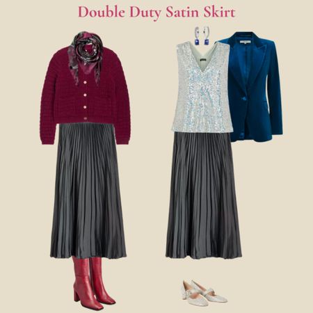 Grey satin skirt worn two ways. With a burgundy knit, burgundy boots and silk print scarf or for party season with a sequin top, blue velvet jacket snd silver sparkle Mary Jane shoes

#LTKover40 #LTKSeasonal #LTKeurope