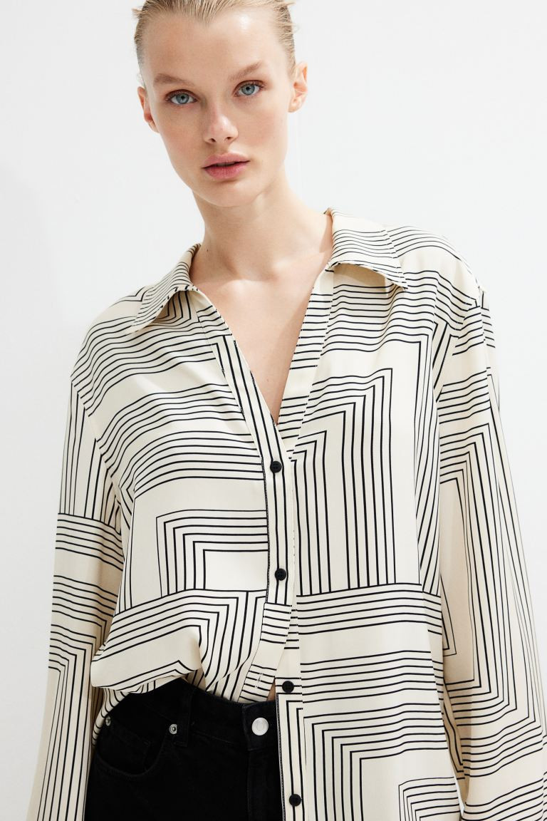 Long-sleeved Shirt - Long sleeve - Regular length - Cream/patterned - Ladies | H&M US | H&M (US + CA)