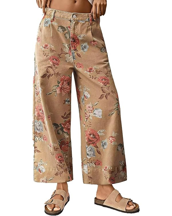 Flamingals Wide Leg Cropped Jeans for Women Trendy Mid Rise Floral Print Boho Casual Denim Ankle ... | Amazon (US)