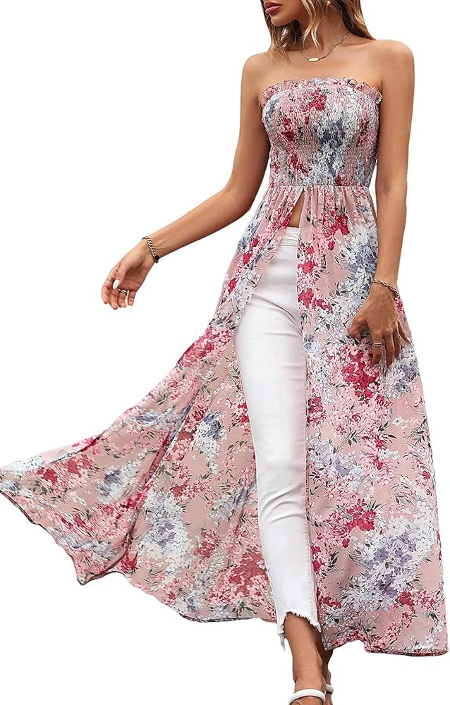 GORGLITTER Women's Floral Print Strapless Bandeau Blouses Smocked Ruffled Split Tube Top | Amazon (US)