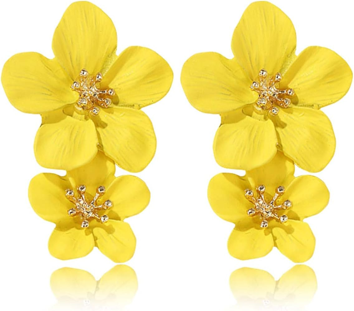 GPASTG Elegant Bohemian Large Metal Double Flower Matt Earring Chic Statement Dangle Drop Wedding... | Amazon (US)