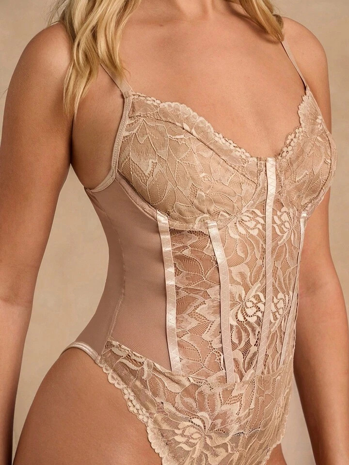 Chiquease Women's Khaki Lace Bodysuit With Sheer Fabric Elegant Spaghetti Strap Sleeveless Cami T... | SHEIN