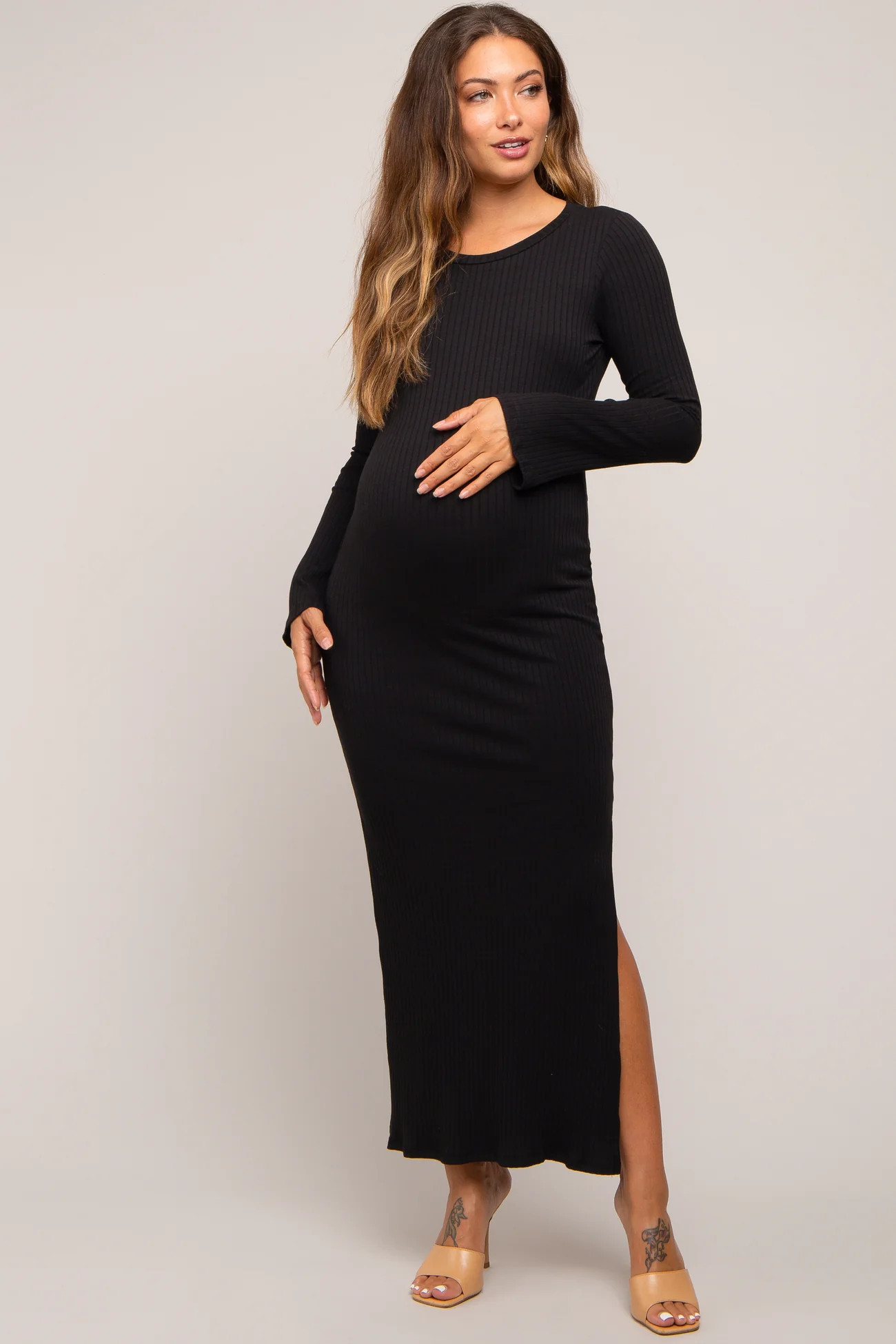 Black Ribbed Side Slit Maternity Maxi Dress | PinkBlush Maternity