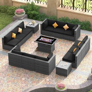 15-Piece Large Size Gray Wicker Patio Conversation Sofa Set with Black Cushions Fire Pit Table and Coffee Tables | The Home Depot