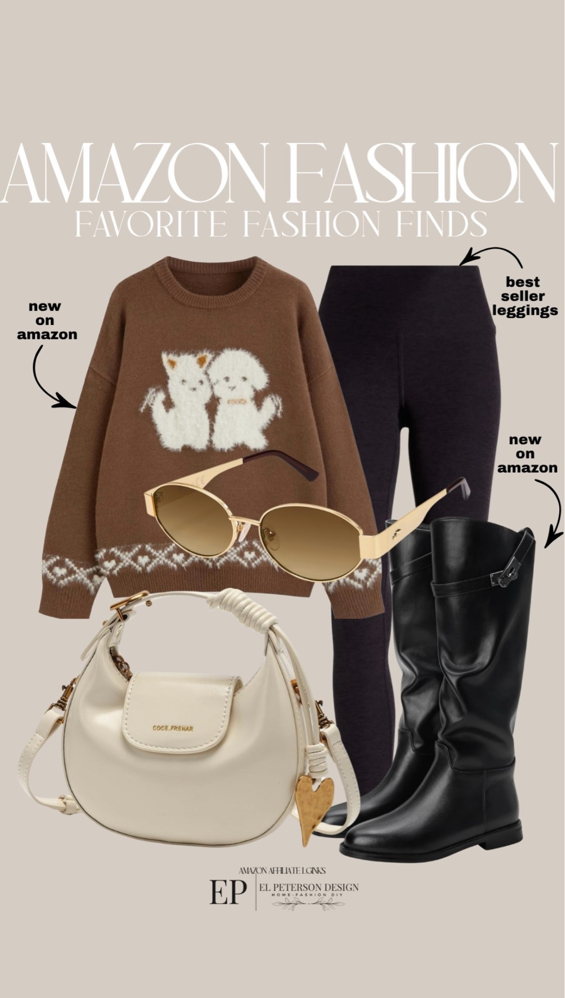 Amazon
Leggings
Knees high boots 
Sunglasses
Sweater
Purse