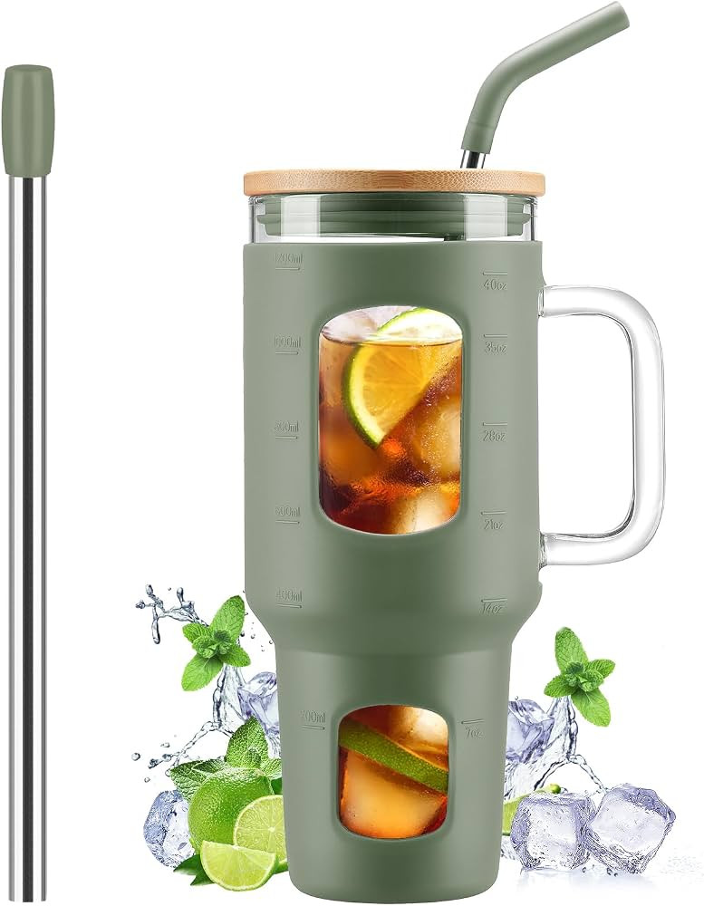 Glass Tumbler with Straw and Lid, 40 oz glass cup with handle, Glass Water Bottles with Time Mark... | Amazon (US)