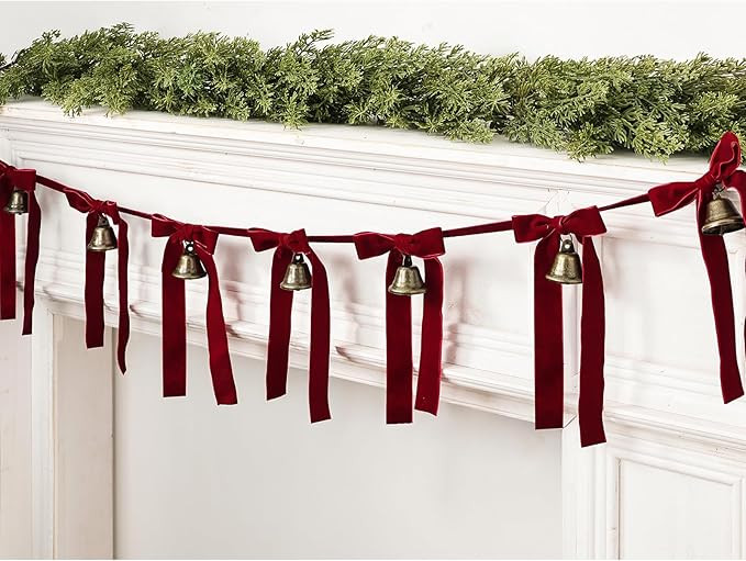 Garland Christmas Decorations Indoor, Vintage Christmas Bell Banner with Red Velvet Ribbons, Retr... | Amazon (US)