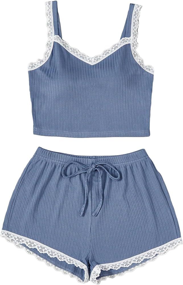 Milumia Women's 2 Pieces Lace Trim Cami PJ Set Short Pajama Set Loungewear | Amazon (US)