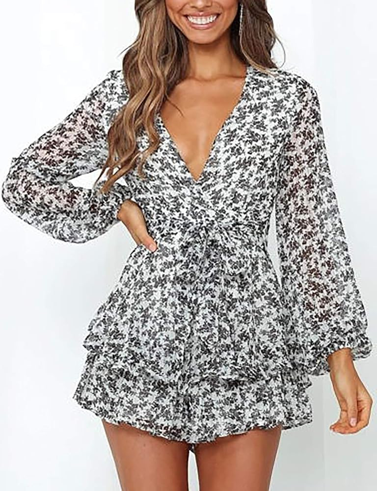 Relipop Women's Polka Dot Jumpsuits Deep V-Neck Long Sleeve Knot Front Ruffle Hem Floral Rompers | Amazon (US)