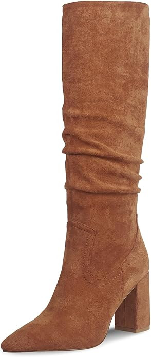 Ouepiano Womens Knee High Boots Chunky Heel Faux Suede Pointed Toe Side Zipper Fall Boots | Amazon (US)