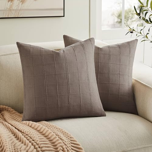 ZeeMart Linen Checked Throw Pillow Covers Set of 2, 22x22 Inch Cocoa Brown/Cream, Farmhouse Decorative Single Sided Grid Embroidered Couch Pillow Cases Brown Cotton Linen Cushion Covers | Amazon (US)