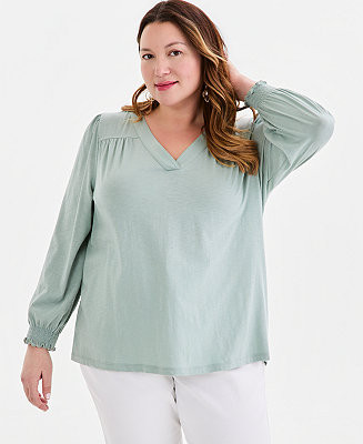 Style & CoPlus Size V-Neck Smocked-Cuff Long-Sleeve Top | Macy's