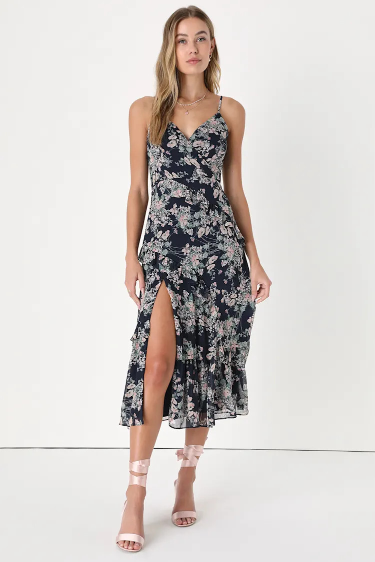 Find Your Passion Navy Blue Floral Ruffled Surplice Midi Dress | Lulus (US)