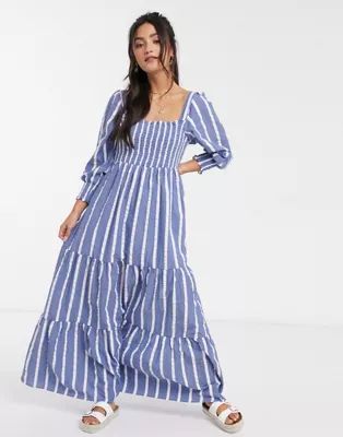 ASOS DESIGN shirred bustier tiered maxi dress in seersucker stripe | ASOS (Global)