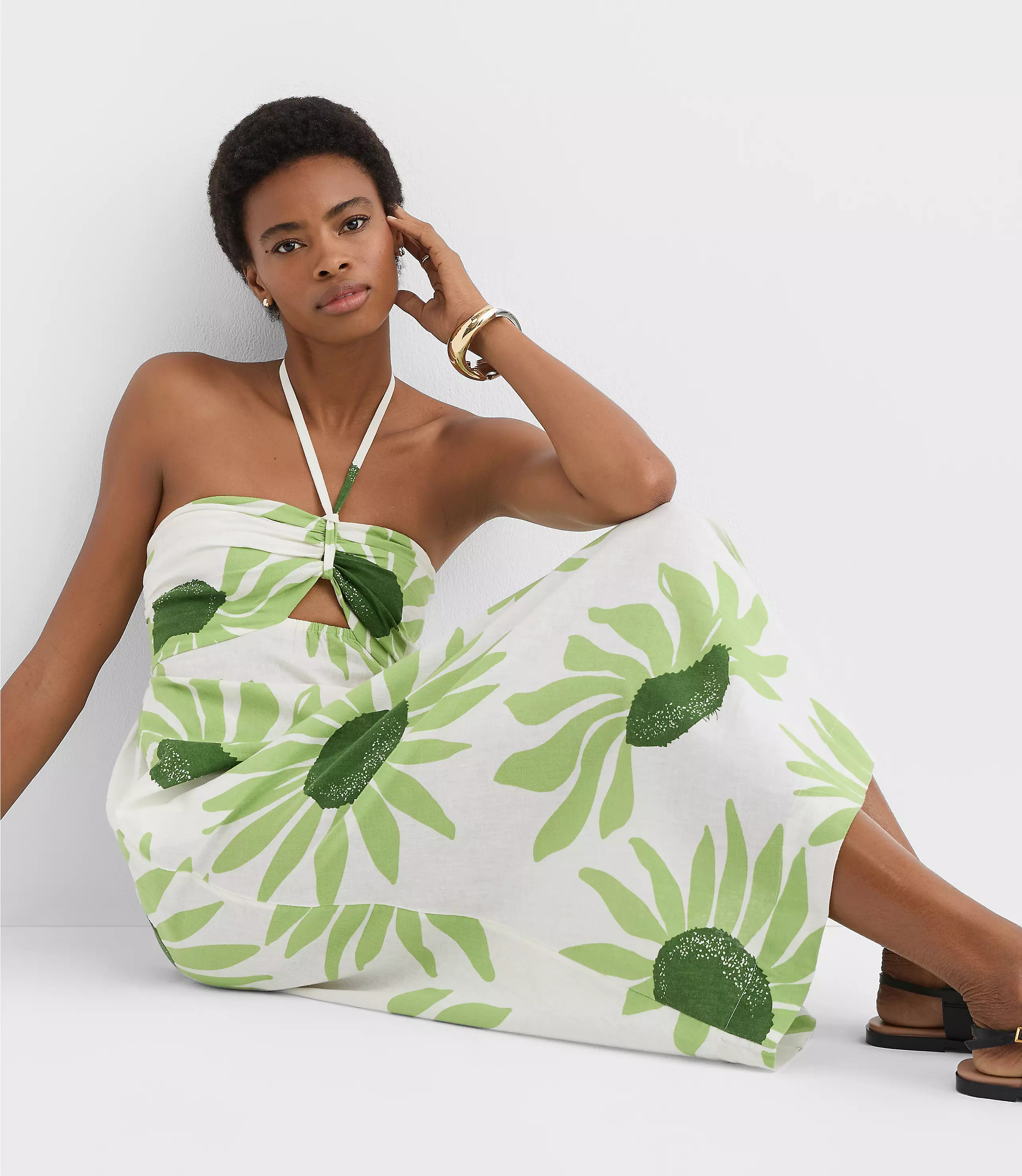 LOFT Beach Floral Linen Cotton Halter Maxi Pocket Dress | LOFT