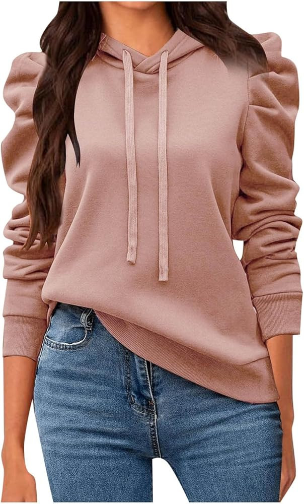 Women's Casual Puff Long Sleeve Hoodie Lightweight Pullover Tops Solid Loose Sweatshirt Fall Outf... | Amazon (US)