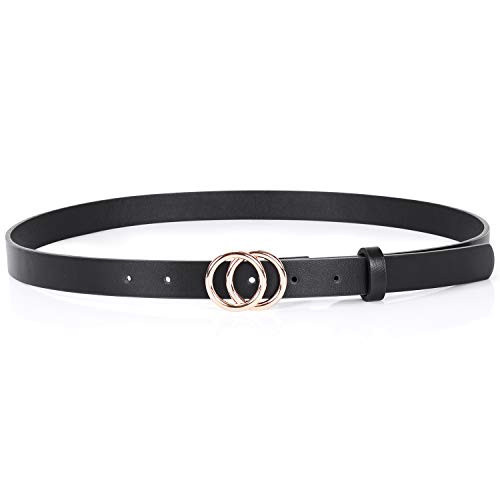 SANSTHS Skinny Black Belts for Women Fashion Ladies Thin Leather Dresses Belt for Jeans Pants Gold Buckle 0.9inch Width,black gold buckle,L | Amazon (US)