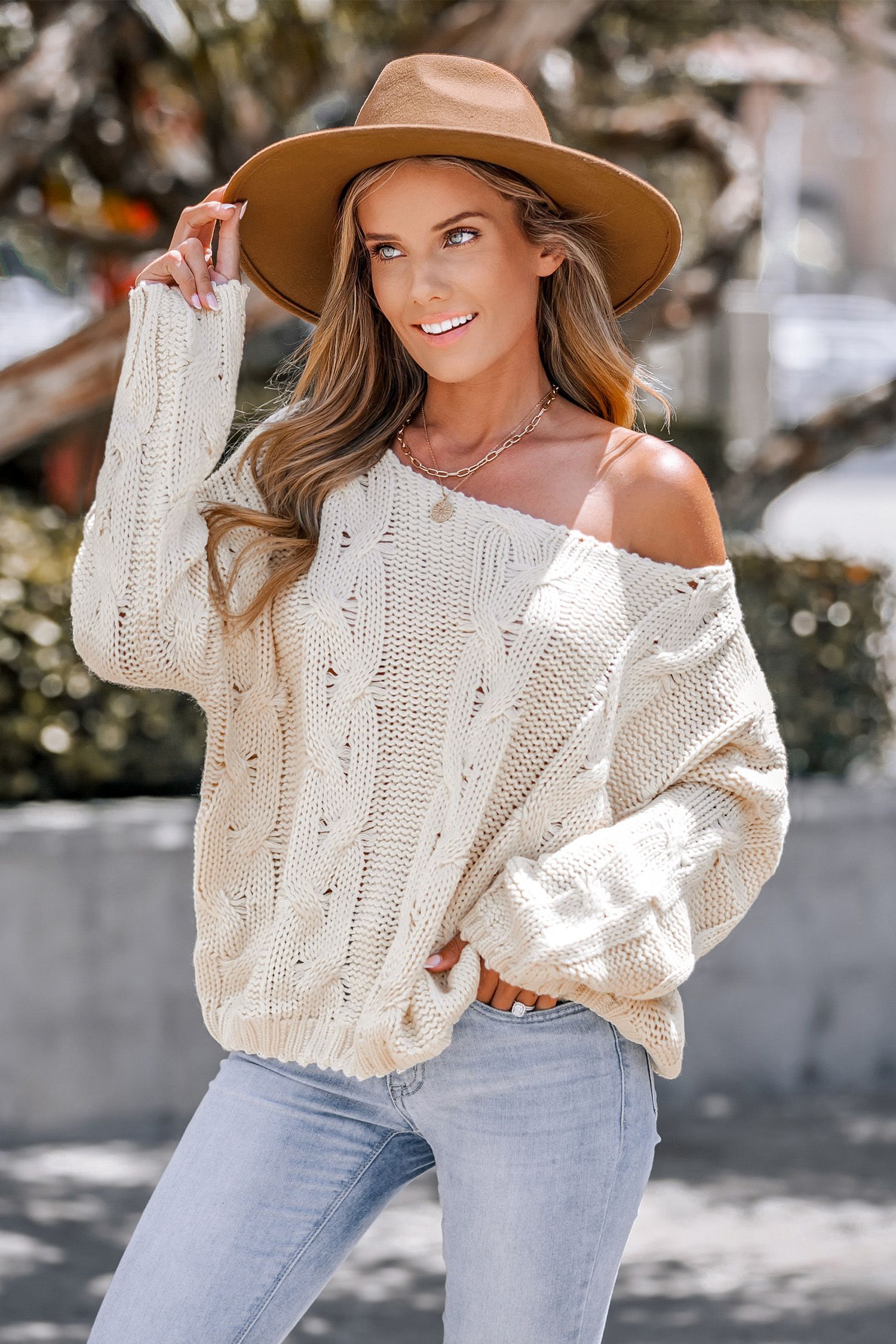 Cream Cable Knit Drop Sleeve Sweater | Cupshe US