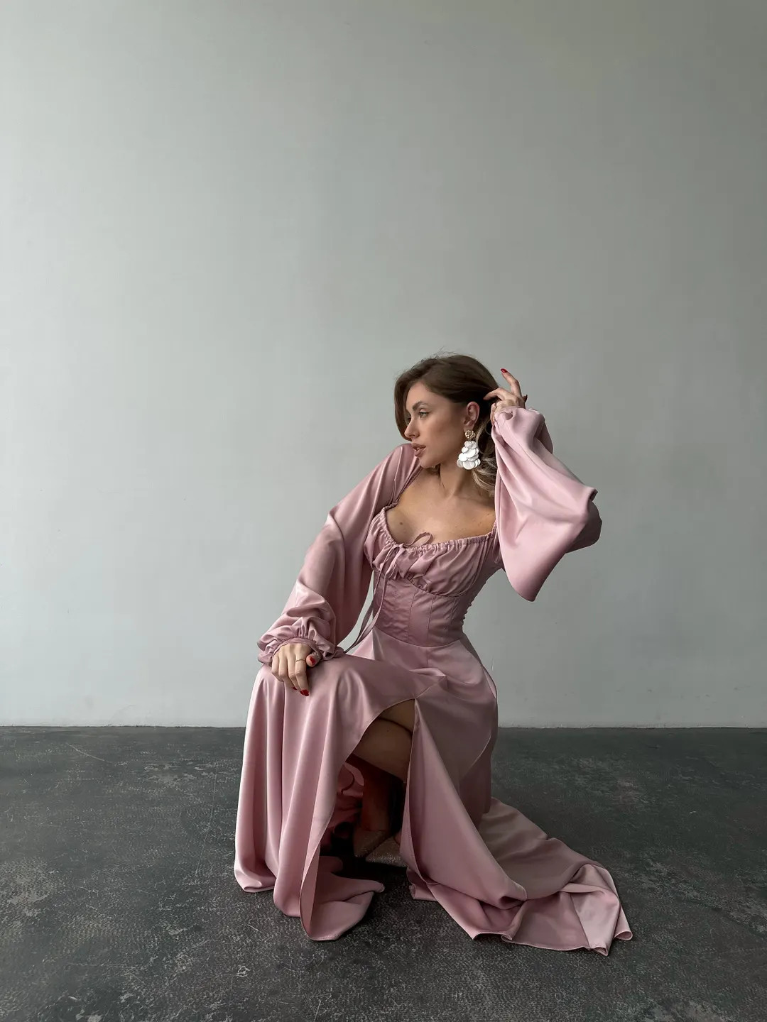 Dusty Pink Silk Satin Maxi Dress, Bishop Sleeves, Elegant Modest Gown | Etsy (DACH)